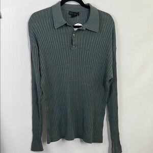 blue Green Ribbed Long Sleeve Polo Sweater ribbed button thin knit